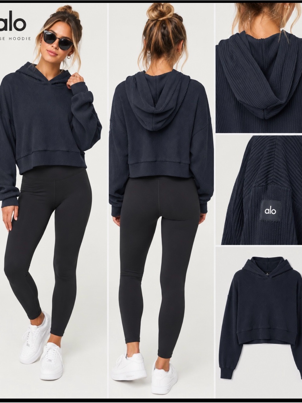Alo Women's Navy Ribbed Cropped Hoodie